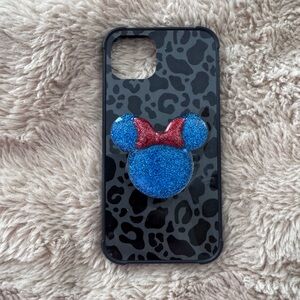 Blue Glitter Mickey Mouse pop socket Ears Phone Case iPhone 15 black leopard